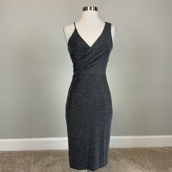 AQUA Black and Silver Sleeveless Metallic Midi Sheath Cocktail Dress Size 6 - Picture 2 of 11